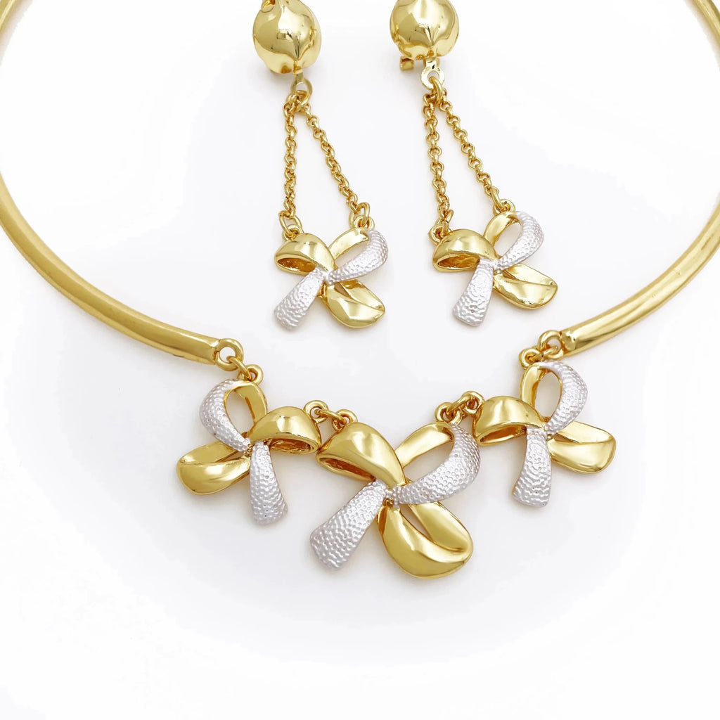 New Women Jewelry Two Tone Classic Design Necklace Set Long Drop Earrings Bracelet And Ring Full Set Jewelry Party Trending - Kenner House Emporium