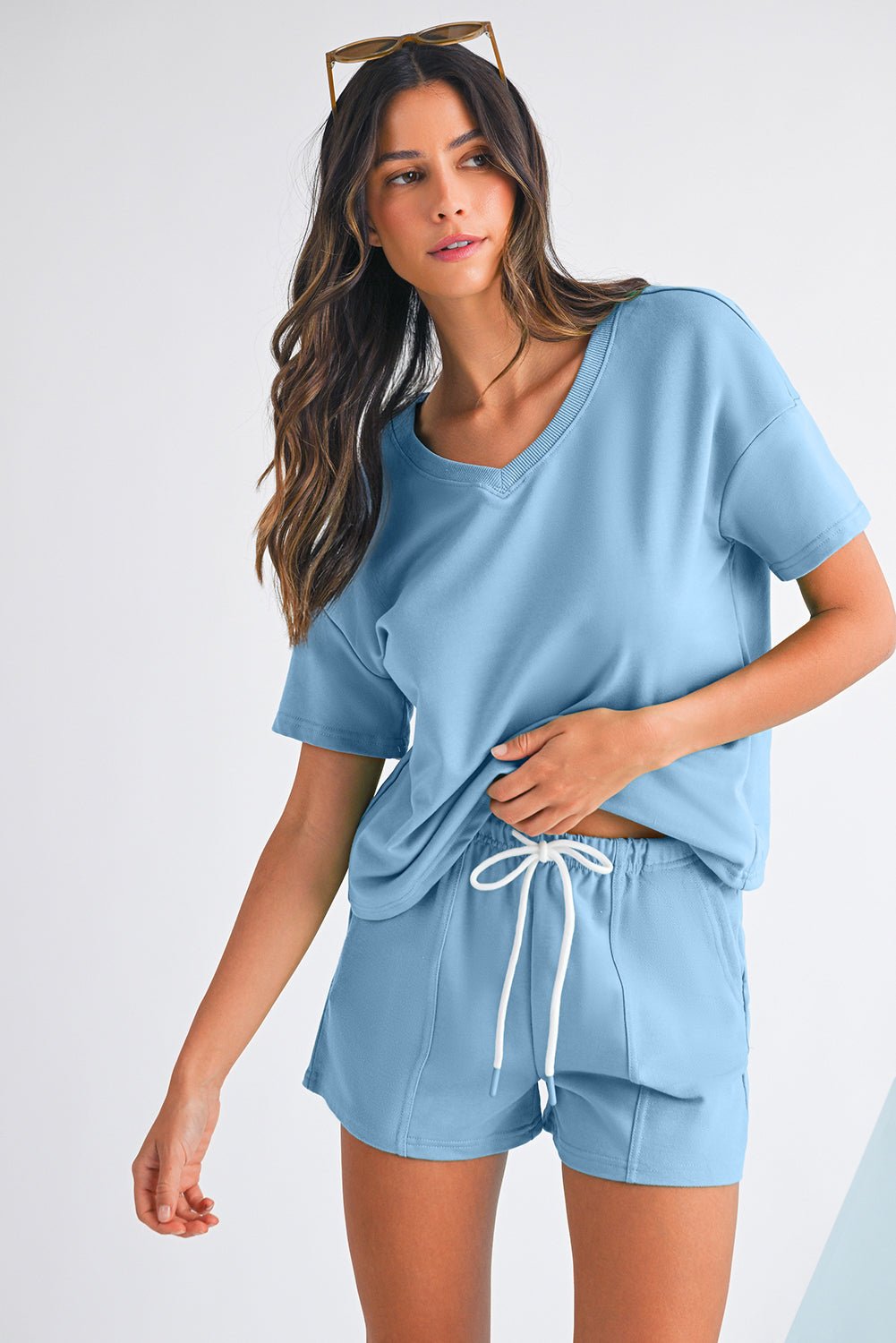 Myosotis V Neck Drop Shoulder Tee and Patchwork Shorts Set - Kenner House Emporium