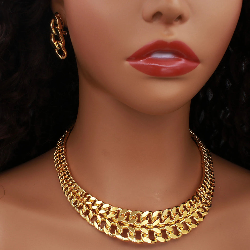 Luxury Dubai Nigeria Gold Color Women Jewelry Set Classic Design 18K Gold Plated Cuban Chain Earring Necklace Ring Bracelet Part - Kenner House Emporium