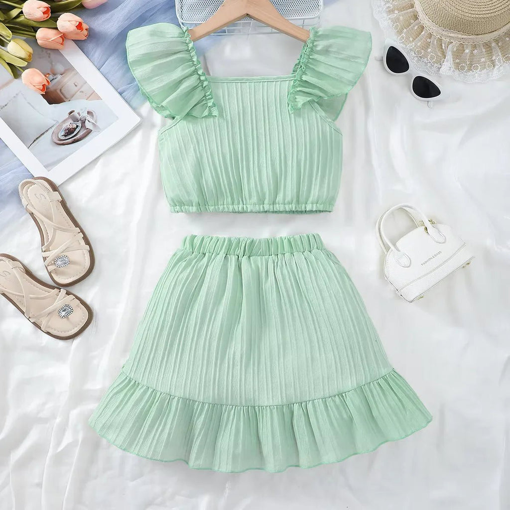 Kid Girls Summer Princess Clothing Set Flutter Sleeve Plain Color Tops+Short Skirt Sweet Style Party Wear For Child 8 - 12 Years - Kenner House Emporium