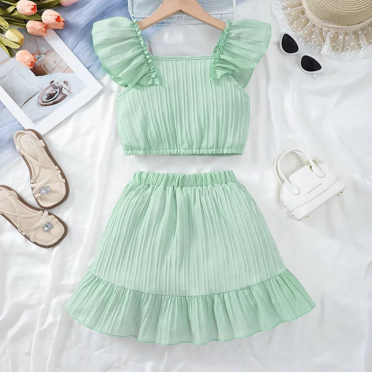 Kid Girls Summer Princess Clothing Set Flutter Sleeve Plain Color Tops+Short Skirt Sweet Style Party Wear For Child 8 - 12 Years - Kenner House Emporium