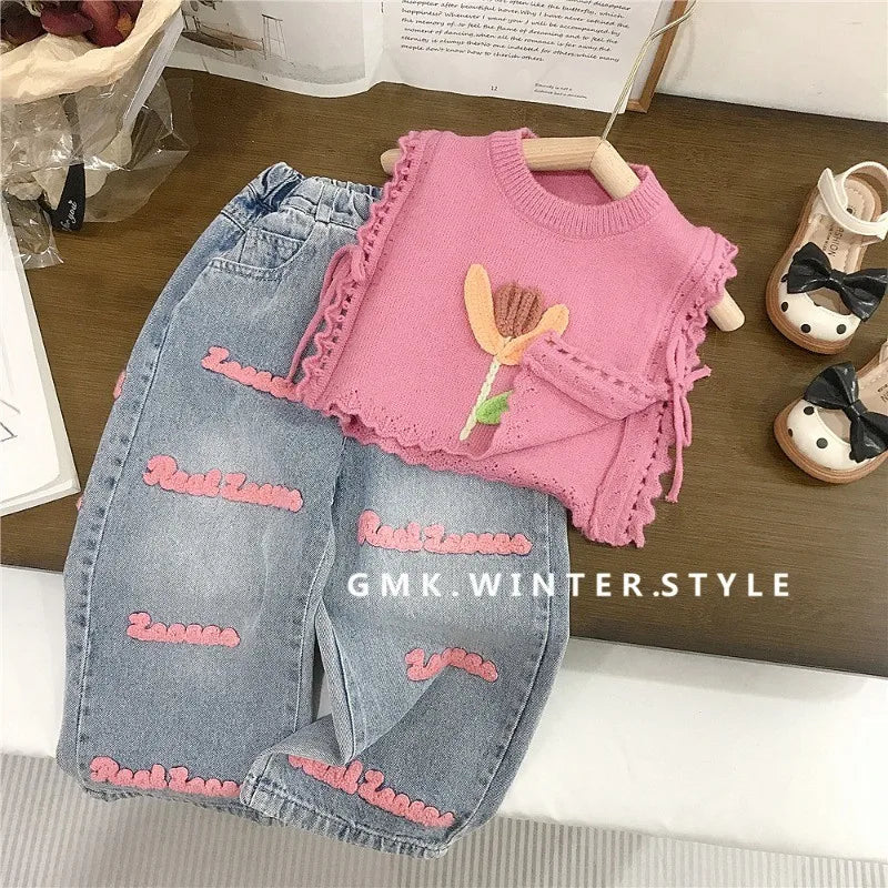 Children's Clothing sets 2 - 7 Years Pink Knitted Waistcoat + Jeans Summer Outfit Toddler Infant Clothing Set Kids Wear - Kenner House Emporium