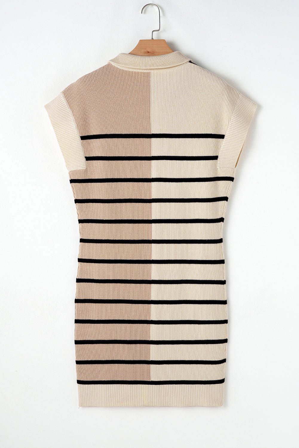 Khaki Stripe Color Block Short Sleeve Quarter Zip Mini Dress - Kenner House Emporium