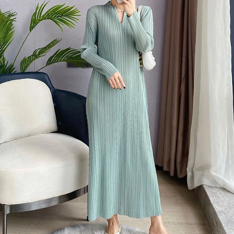 Pleated Dress Women's Long Sleeve Spring and Autumn 2023 New V - Neck Bottom Skirt Slim Fit Long Dress - Kenner House Emporium