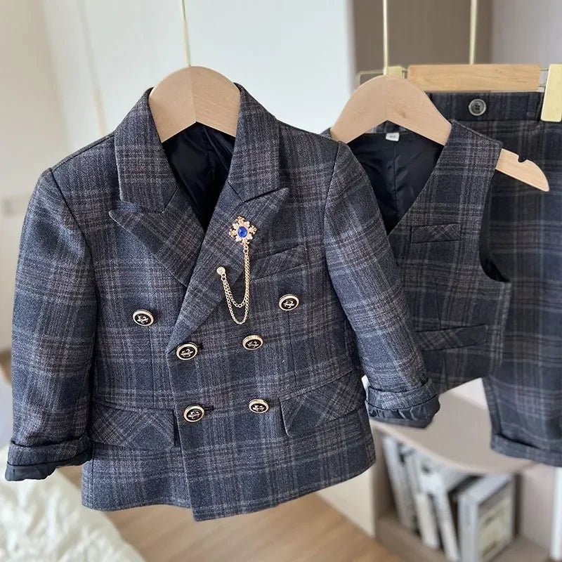 Child Spring Autumn Plaid Luxury Suit Set Boys Birthday Performance Photo Wedding Party Costume Kids Tuxedo Vest Pants Clothes - Kenner House Emporium
