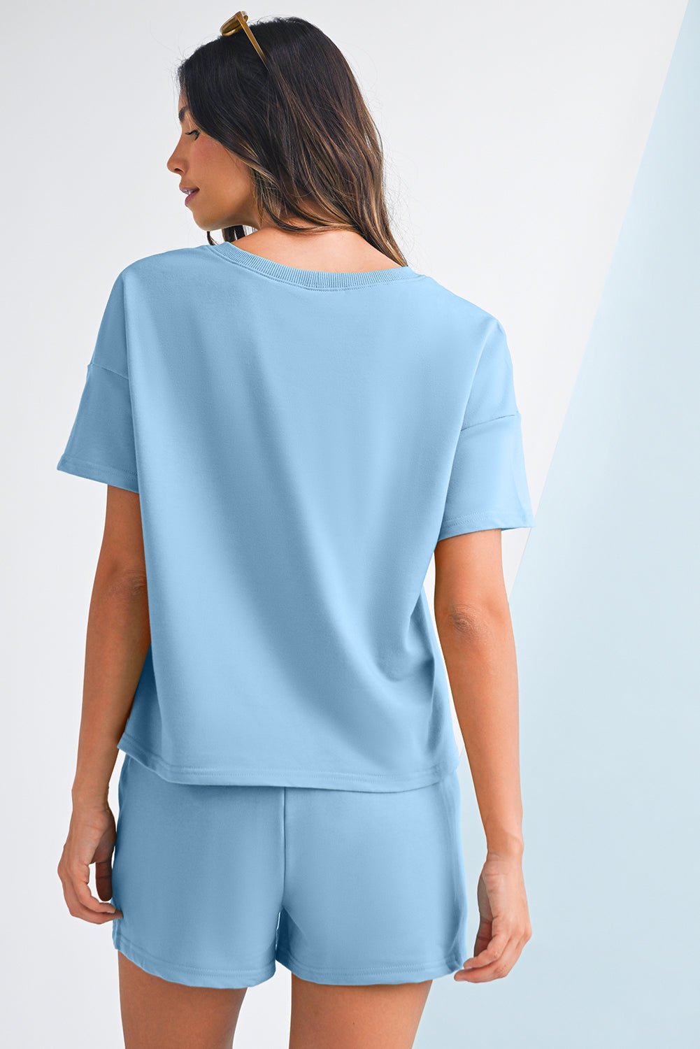 Myosotis V Neck Drop Shoulder Tee and Patchwork Shorts Set - Kenner House Emporium