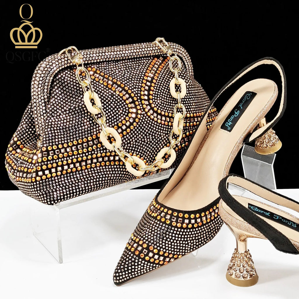 QSGFC New Italian Pumps and Bag To Party 2024 INS Style Pointed - Toe Rhinestone Elegant High Heels Champagne Wedge for Women - Kenner House Emporium