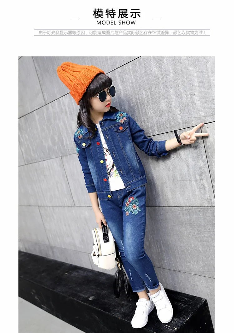 Fashion Kids Girl Denim 2 Piece Set Jacket and Jeans Embroidery Flower Jeans Jacket and Pants Set Child Vintage Spring Clothes - Kenner House Emporium