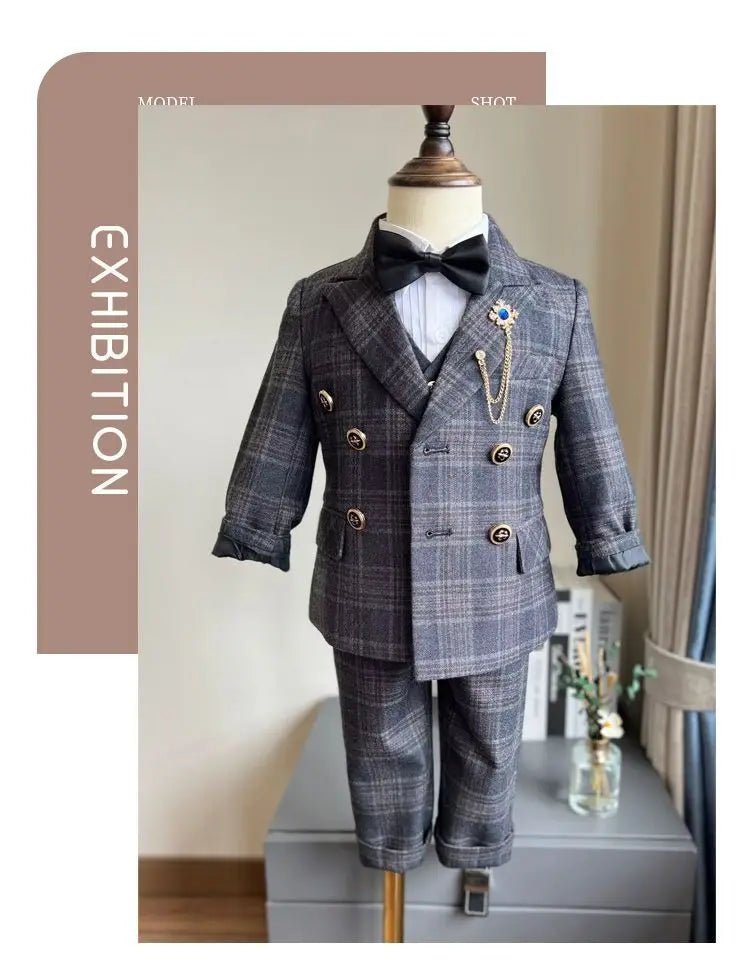 Child Spring Autumn Plaid Luxury Suit Set Boys Birthday Performance Photo Wedding Party Costume Kids Tuxedo Vest Pants Clothes - Kenner House Emporium