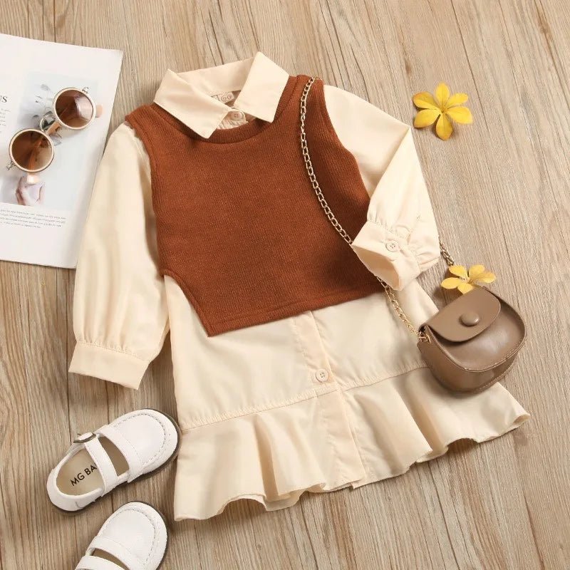 Children's Clothing sets 2 - 6 Years Long Sleeve Shirt Dress + Knitted Vest 2 Pcs Set European and American Fashion Kids Clothing - Kenner House Emporium