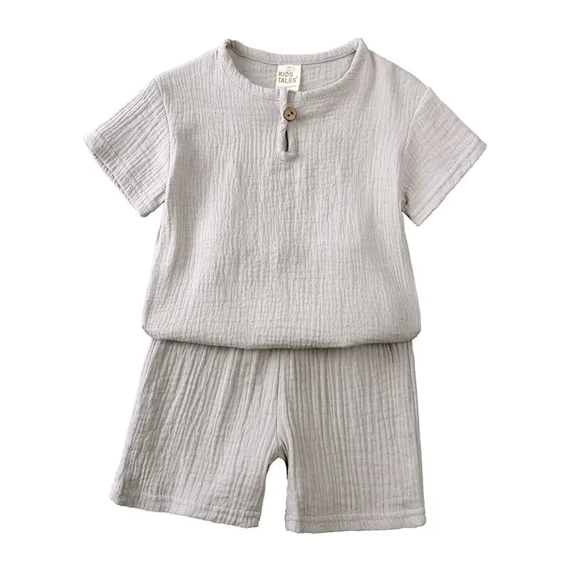 Cotton Linen Kids Clothes Girls Outfit Summer Boy Clothing Sets Solid Color Short Sleeve Tops Shorts Children Clothing 2 - 7 Years - Kenner House Emporium