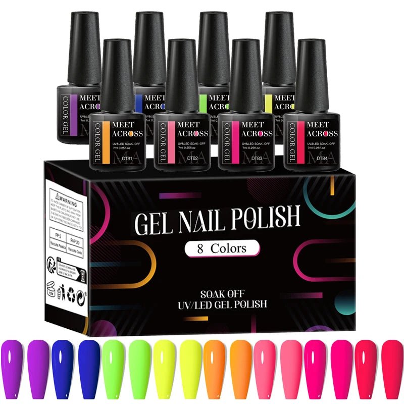 MEET ACROSS 8Pcs/Set Fluorescent Gel Nail Polish Summer Spring Colorful Laser Glitter Nail Art Gel Varnish Manicure For Nails - Kenner House Emporium