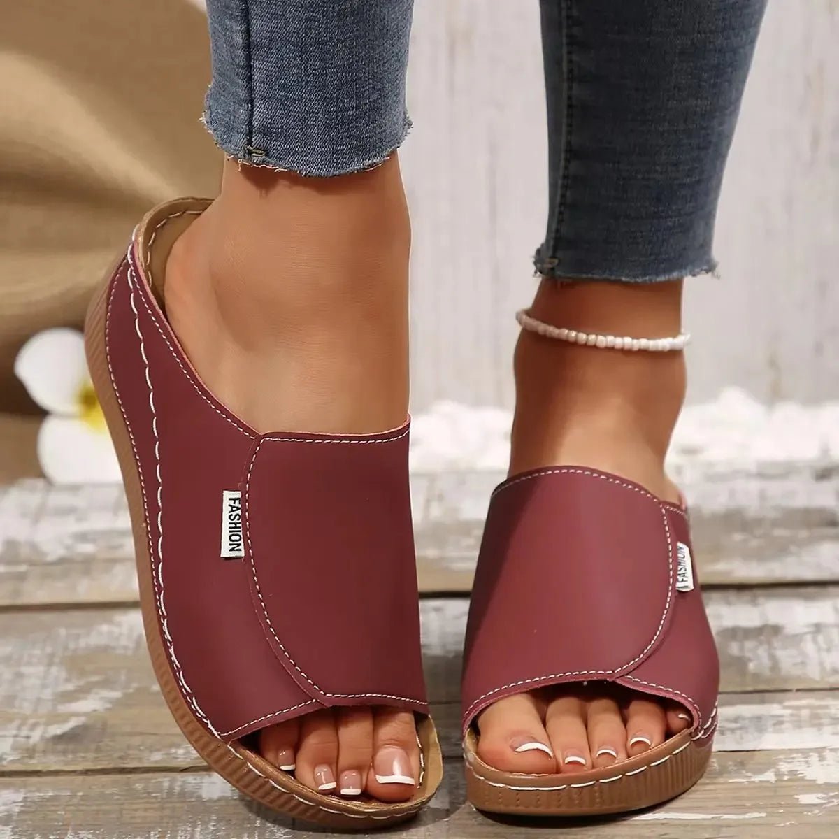 Ladies wear wedge heel sandals, solid color open toe thick soled shoes, summer comfortable slippers, ventilated and easy to wear - Kenner House Emporium