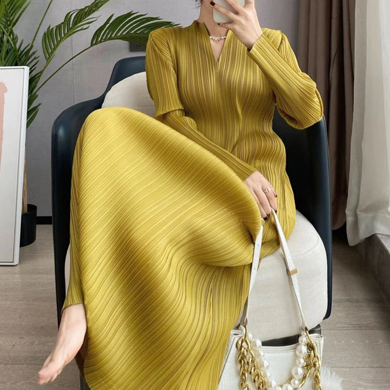 Pleated Dress Women's Long Sleeve Spring and Autumn 2023 New V - Neck Bottom Skirt Slim Fit Long Dress - Kenner House Emporium