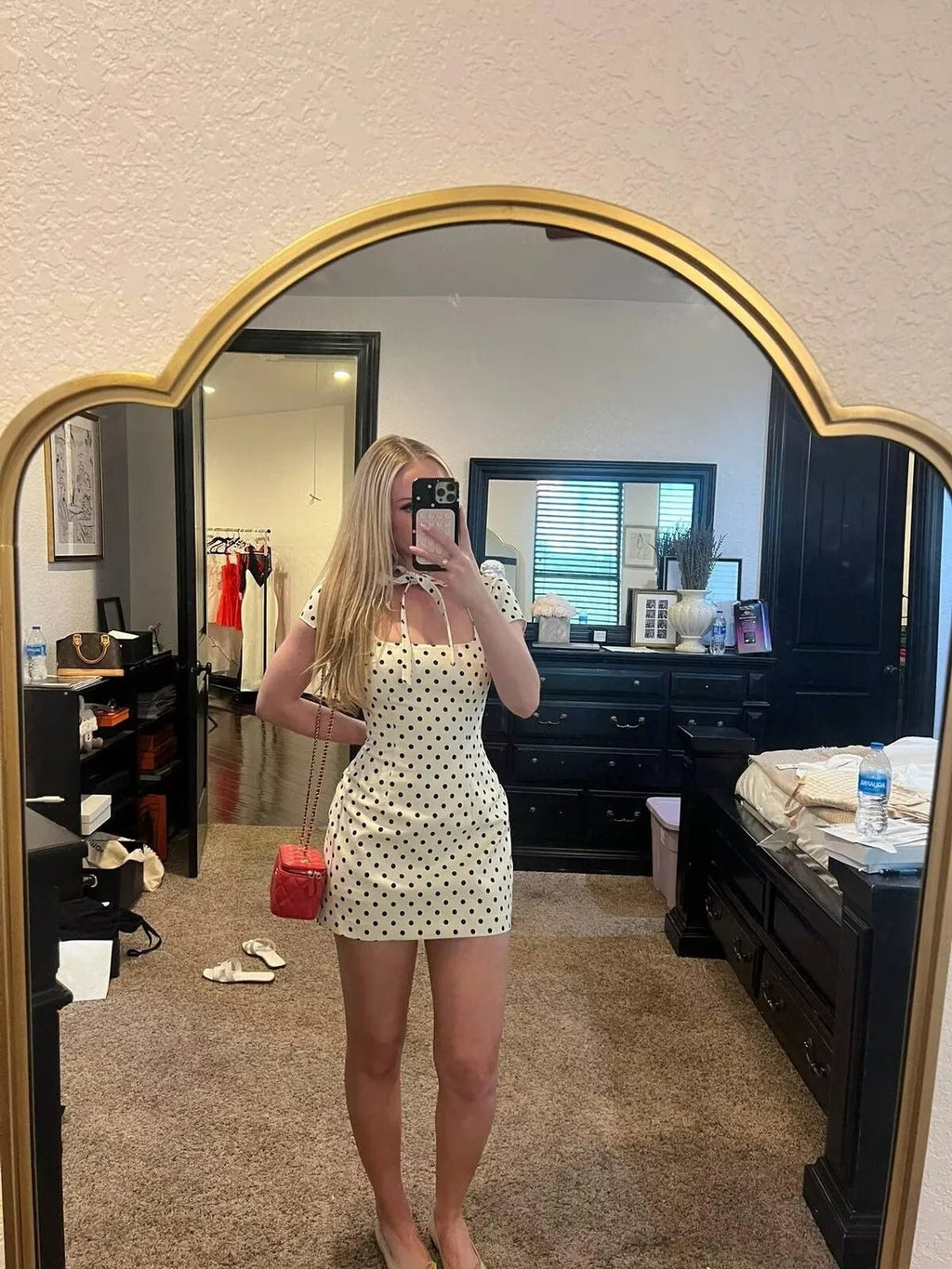YENKYE New 2026 Women Bow Tie Short Sleeve Polka Dot Dress Sexy Pencil Mini Vestidos - Kenner House Emporium