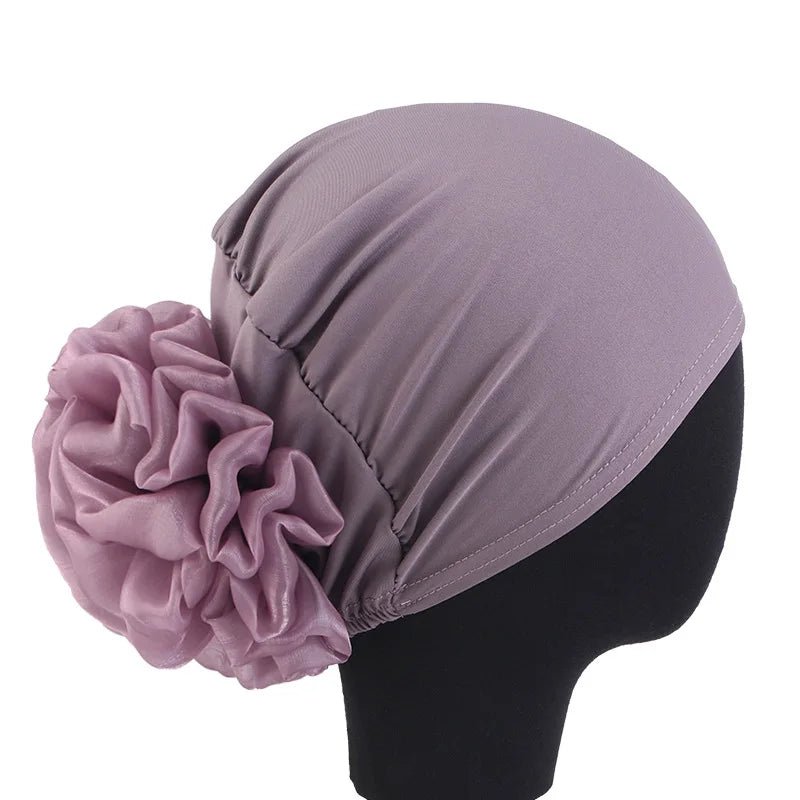 Women's Chiffon Headscarf With Flower Decoration,Monochromatic Elastic Breathable Head Wrap Suitable For Spring,Summer,Autumn - Kenner House Emporium