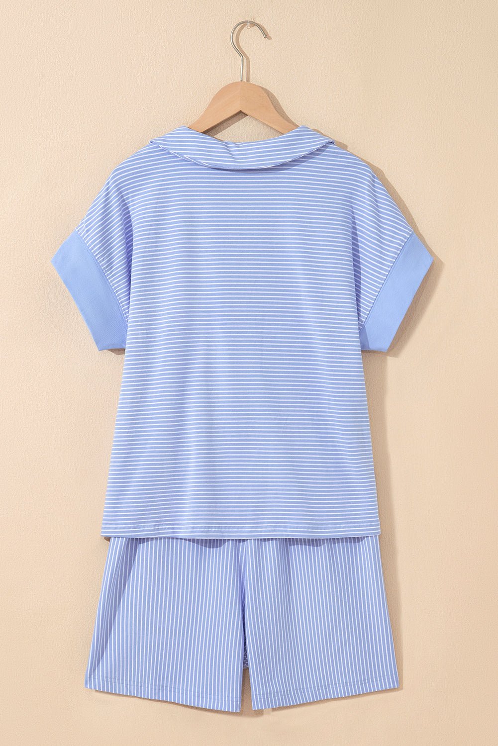 Sky Blue Striped Dolman Sleeve Pullover and Drawstring Shorts Set - Kenner House Emporium