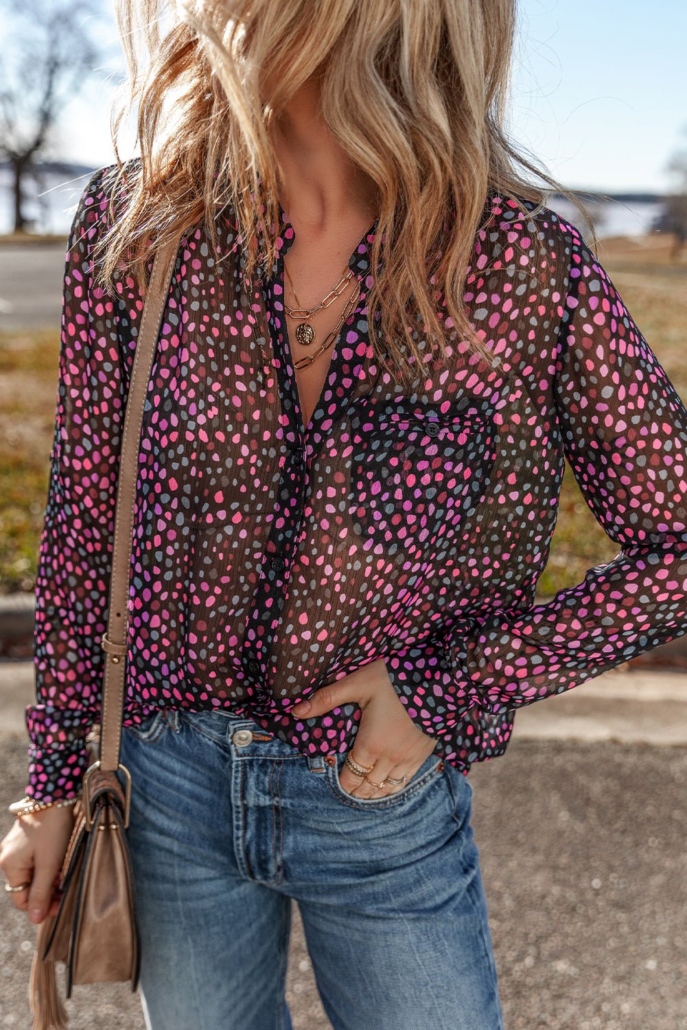 Grape Wine Polka Dot Print Buttoned Shirt - Kenner House Emporium