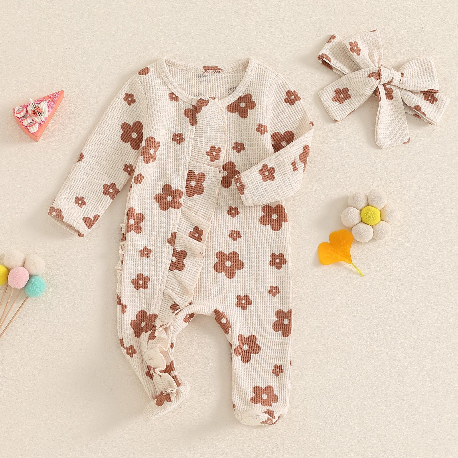Toddler Baby Girls Floral Footies Jumpsuit and Headband Children Cotton Long Sleeve Frills Zipped Autumn Spring Kids Clothes - Kenner House Emporium