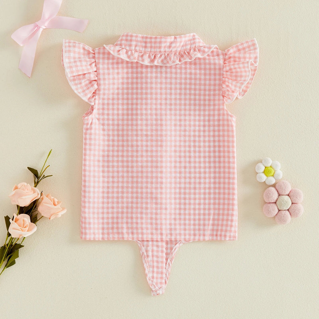 Toddler Clothes Baby Girl Summer Shirts Cute Plaid Solid Color Flying Sleeve Button Down Tops Children's Clothing - Kenner House Emporium