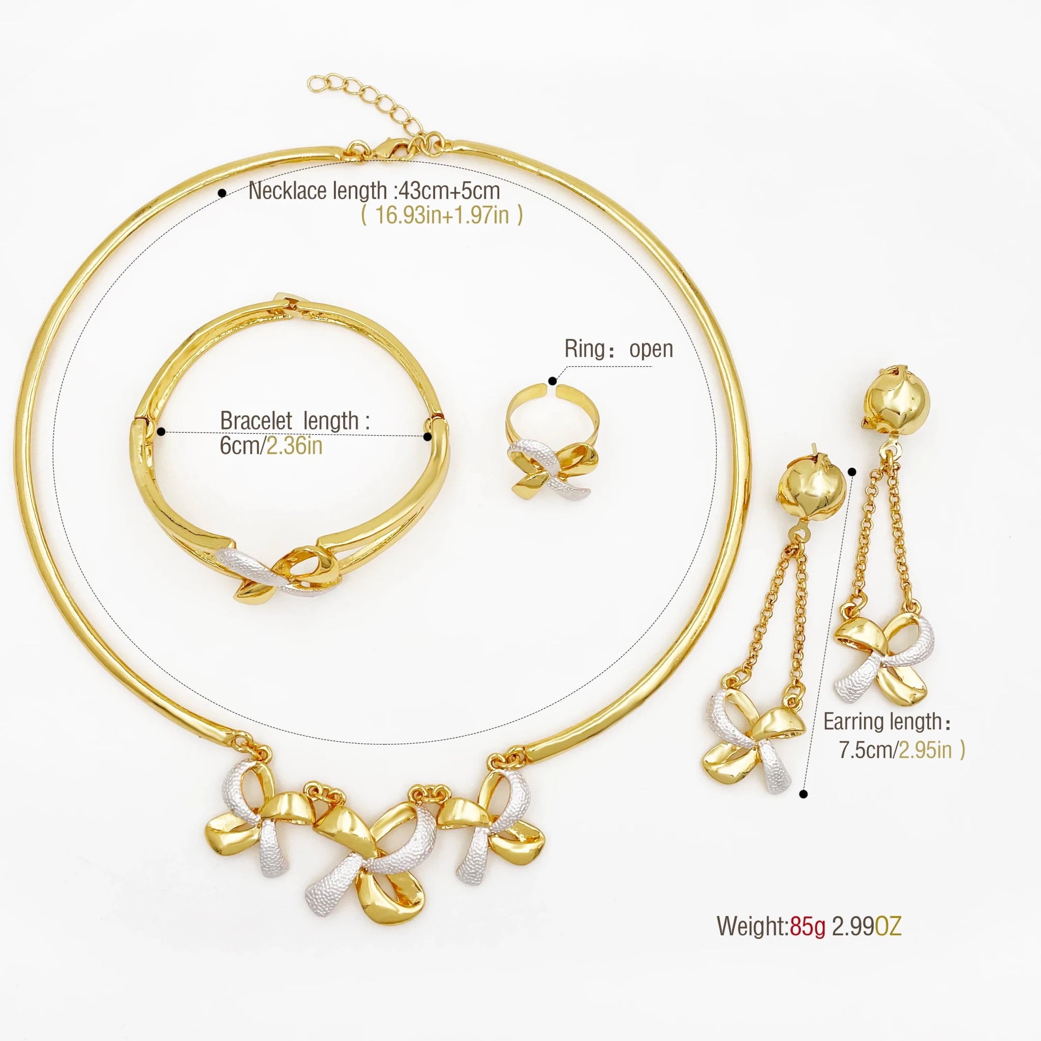 New Women Jewelry Two Tone Classic Design Necklace Set Long Drop Earrings Bracelet And Ring Full Set Jewelry Party Trending - Kenner House Emporium