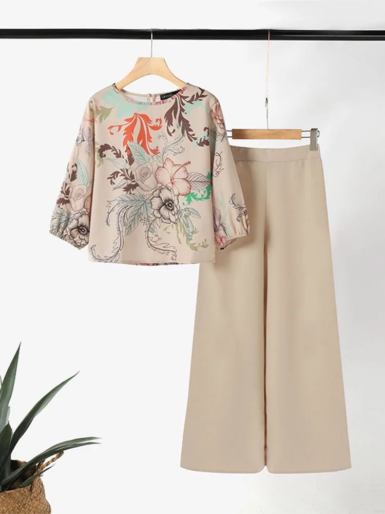ZANZEA Spring 2pcs Outfits Women Pant Sets 3/4 Sleeve Floral Printed Blouse Loose Trousers Suits Elegant Work Tracksuit Oversize - Kenner House Emporium