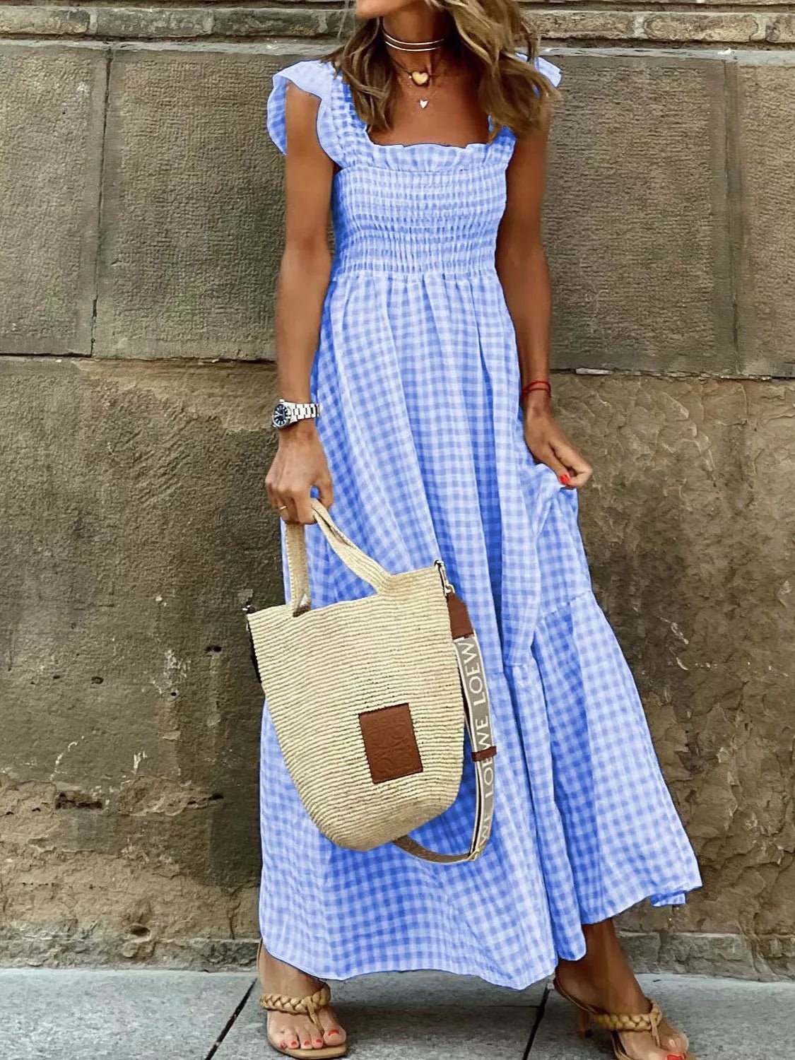 Full Size Gingham Smocked Ruffle Maxi Dress Plus Size - Kenner House Emporium