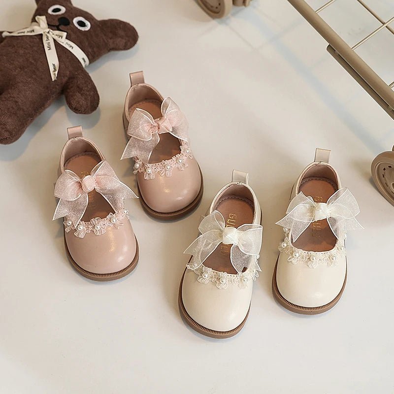Baby Girls Leather Shoes for Wedding Party Princess Kids Flat Mary Janes Lace Bowtie with Beading 2025 Spring Children Flats New - Kenner House Emporium