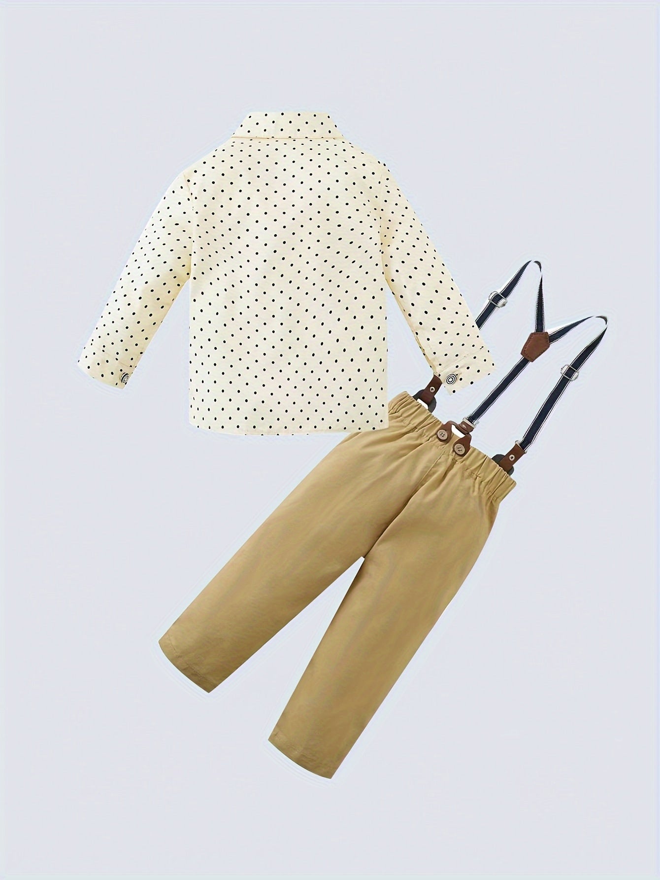 Toddler Baby Boys Gentleman Outfits, 2pcs Long Sleeve Lapel Shirt With Bow And Bib Pants Set, Handsome For Birthday Party Evening Party Performance Wedding Lunar New Year Banquet - Kenner House Emporium