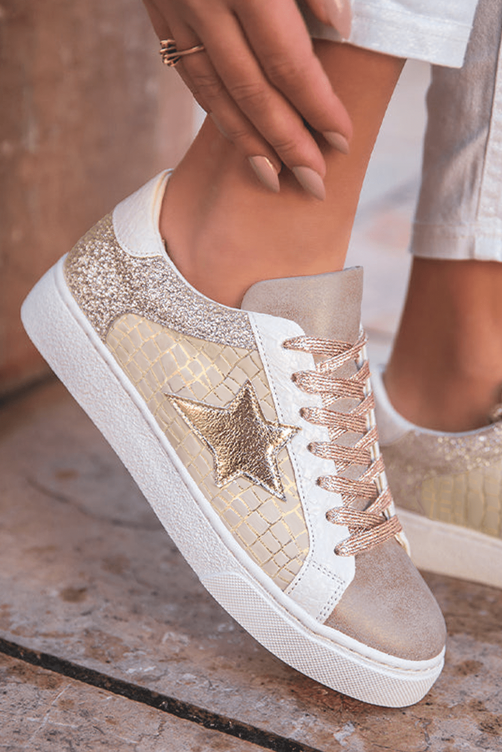 Gold Glitter Star Patchwork PU Leather Lace - up Sneakers - Kenner House Emporium