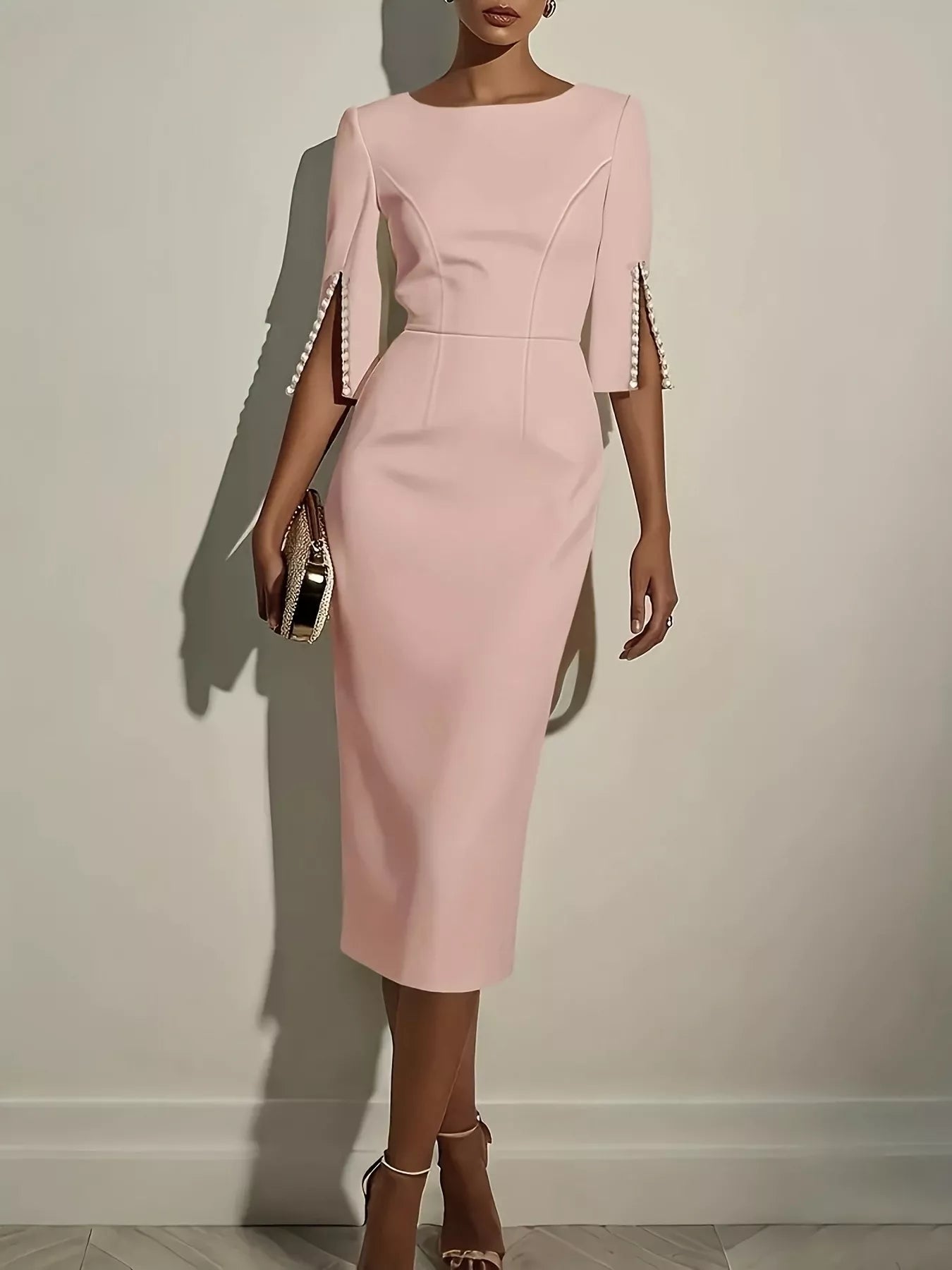 Slim - Fit Elegant Midi Dress with Beaded Slit Sleeve - Kenner House Emporium