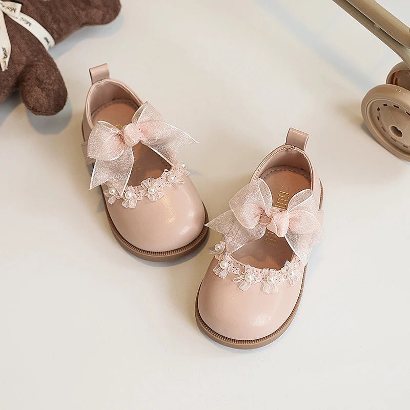 Baby Girls Leather Shoes for Wedding Party Princess Kids Flat Mary Janes Lace Bowtie with Beading 2025 Spring Children Flats New - Kenner House Emporium