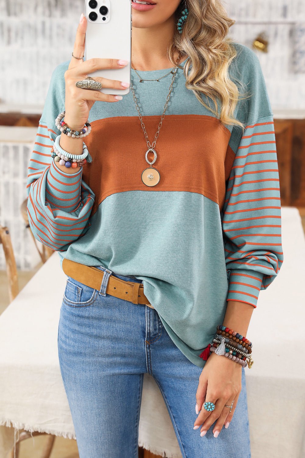 Green Colorblock Striped Bishop Sleeve Top with Side Slits - Kenner House Emporium