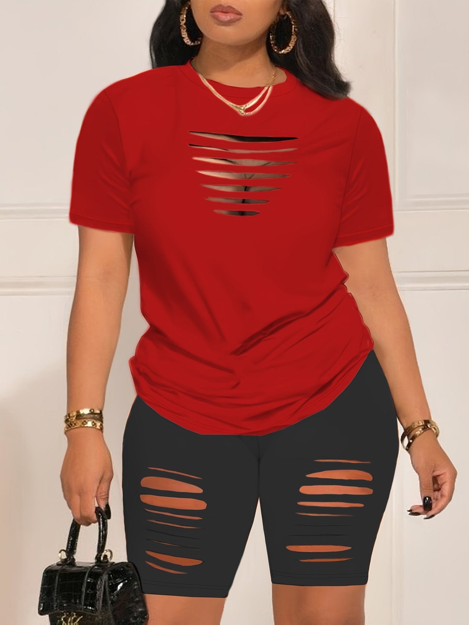 Summer Shorts Set - Pantsuits for Women, Crew Neck Short Sleeve Top & Shorts Outfits, Ripped Casual Clothing for Spring and Summer, Comfortable and Stylish Women's Clothing - Kenner House Emporium