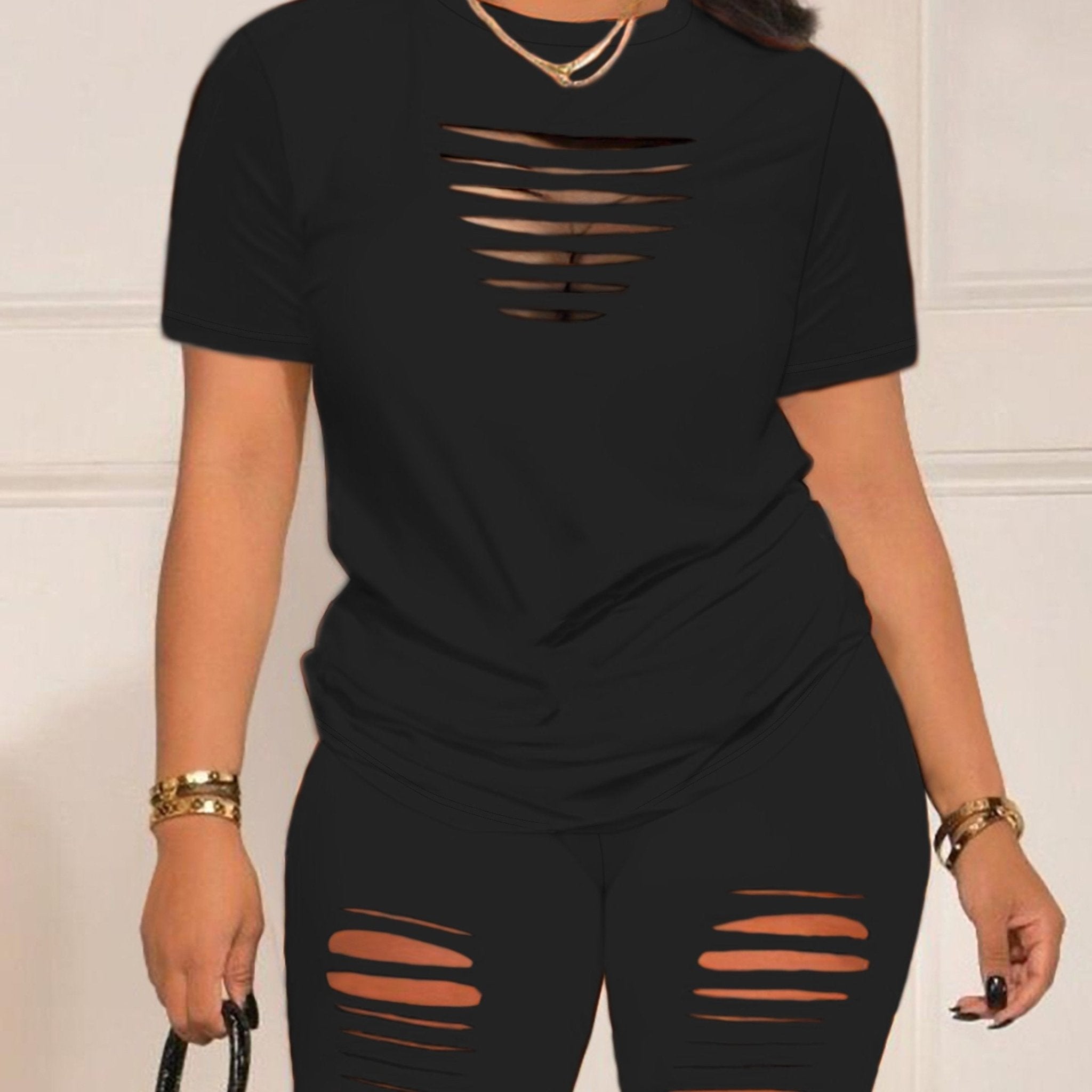 Summer Shorts Set - Pantsuits for Women, Crew Neck Short Sleeve Top & Shorts Outfits, Ripped Casual Clothing for Spring and Summer, Comfortable and Stylish Women's Clothing - Kenner House Emporium