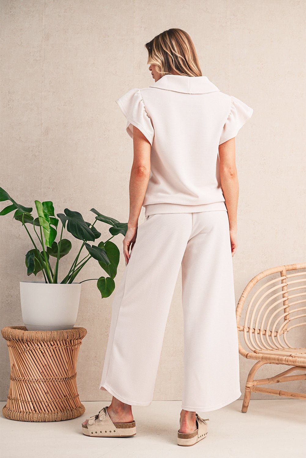 Apricot Textured Ruffle Sleeve Zipped Top and Wide Leg Pants Set - Kenner House Emporium