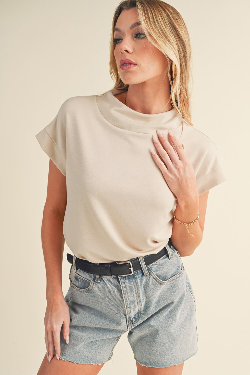 Oatmeal Solid Color Short Sleeve Zip Back Blouse - Kenner House Emporium