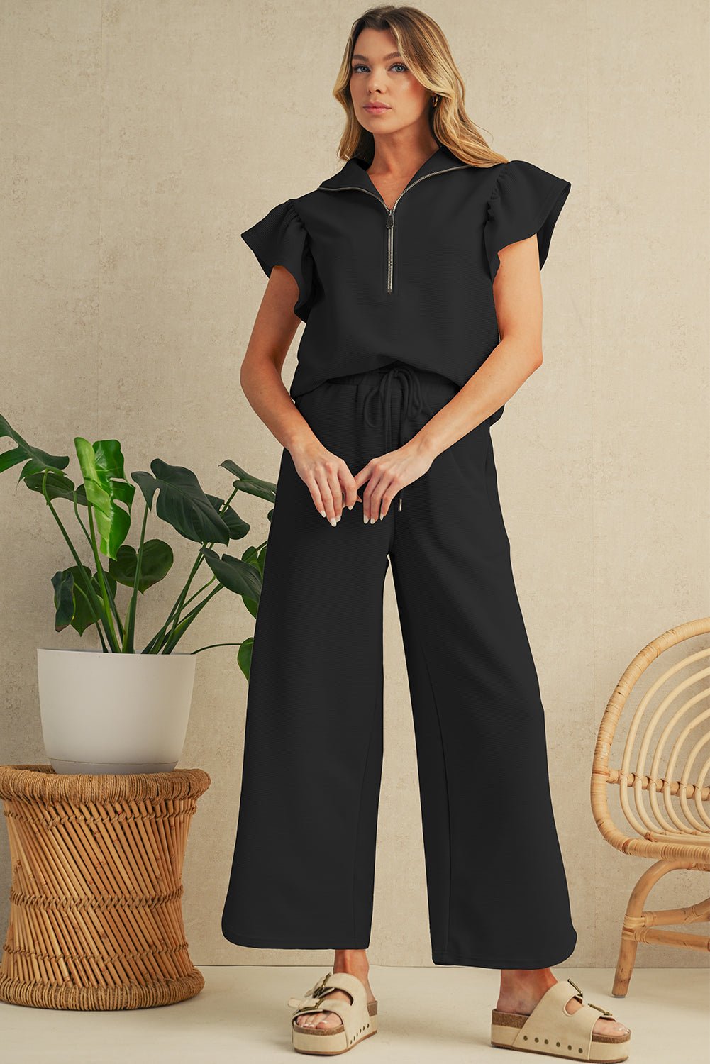 Black Textured Ruffle Sleeve Zipped Top and Wide Leg Pants Set - Kenner House Emporium