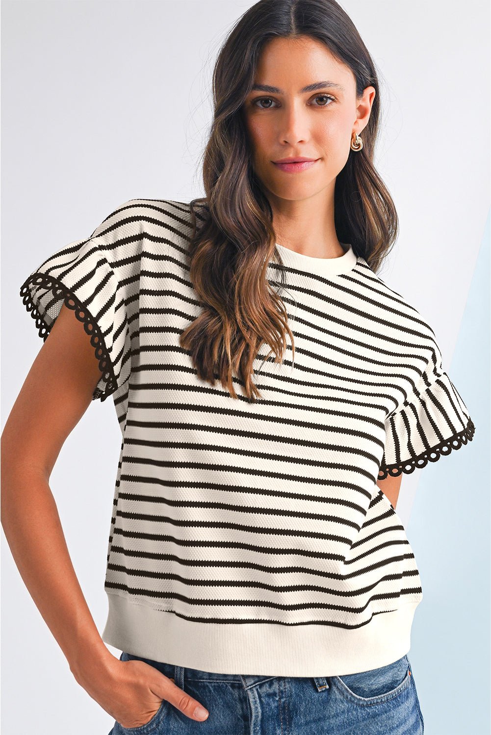 Black Stripe Scallop Lace Trim Ruffle Sleeves Crewneck Top - Kenner House Emporium