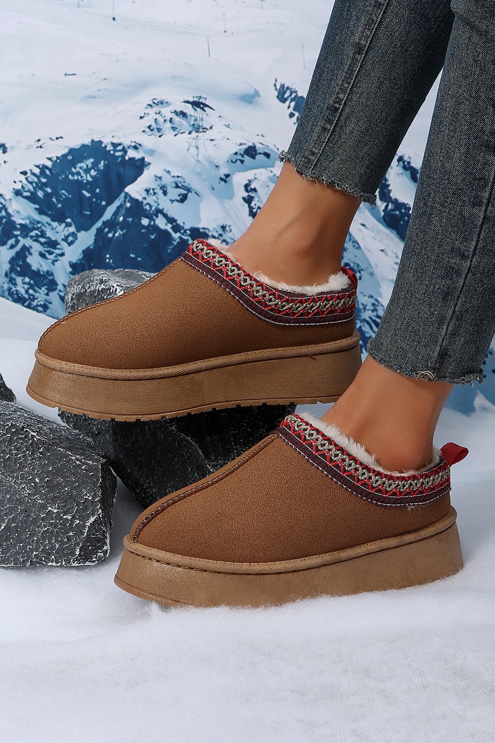 Chestnut Suede Contrast Print Round Toe Plush Lined Flats - Kenner House Emporium