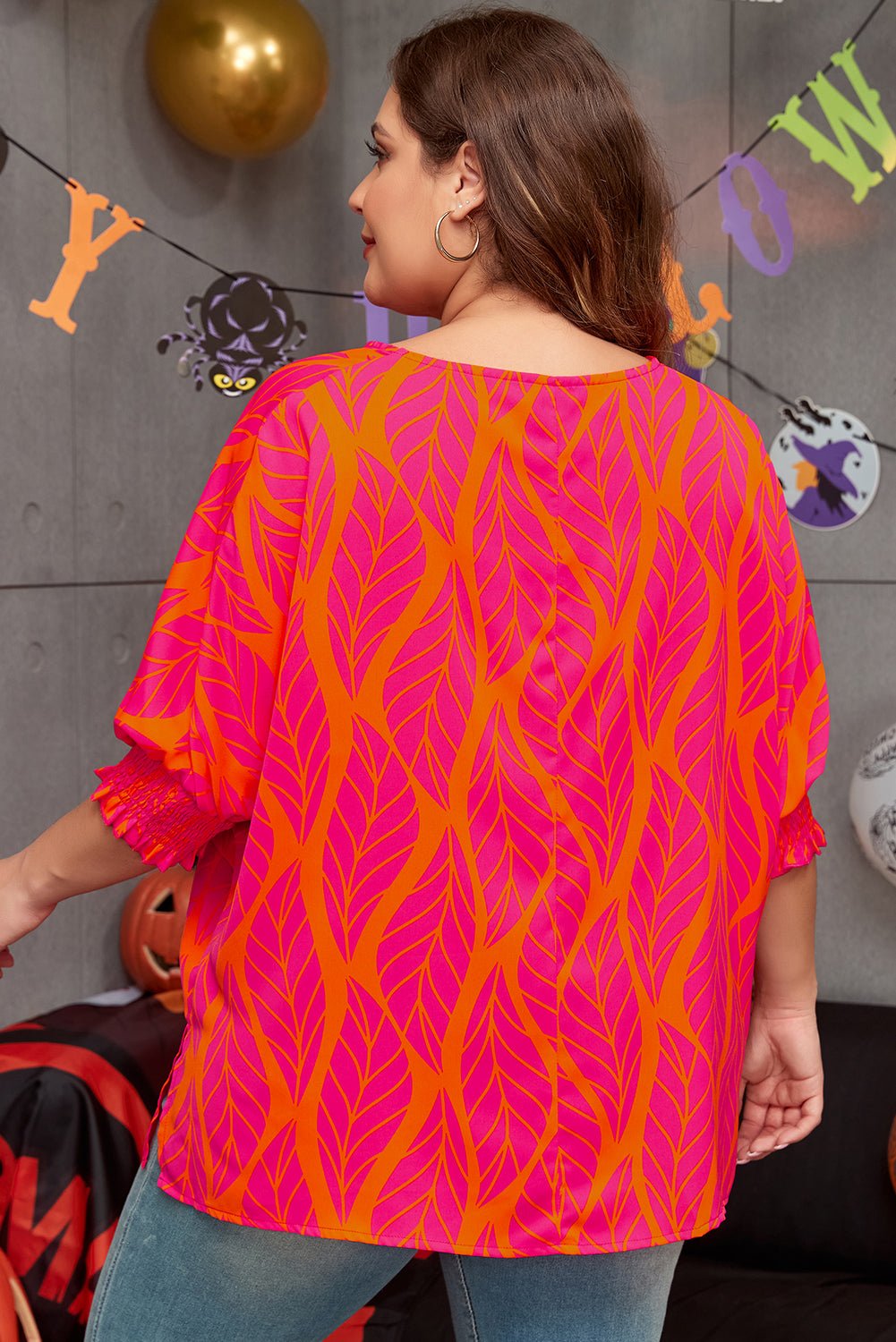 Rose Tropical Leaf Print Smocked Plus Size Dolman Top - Kenner House Emporium