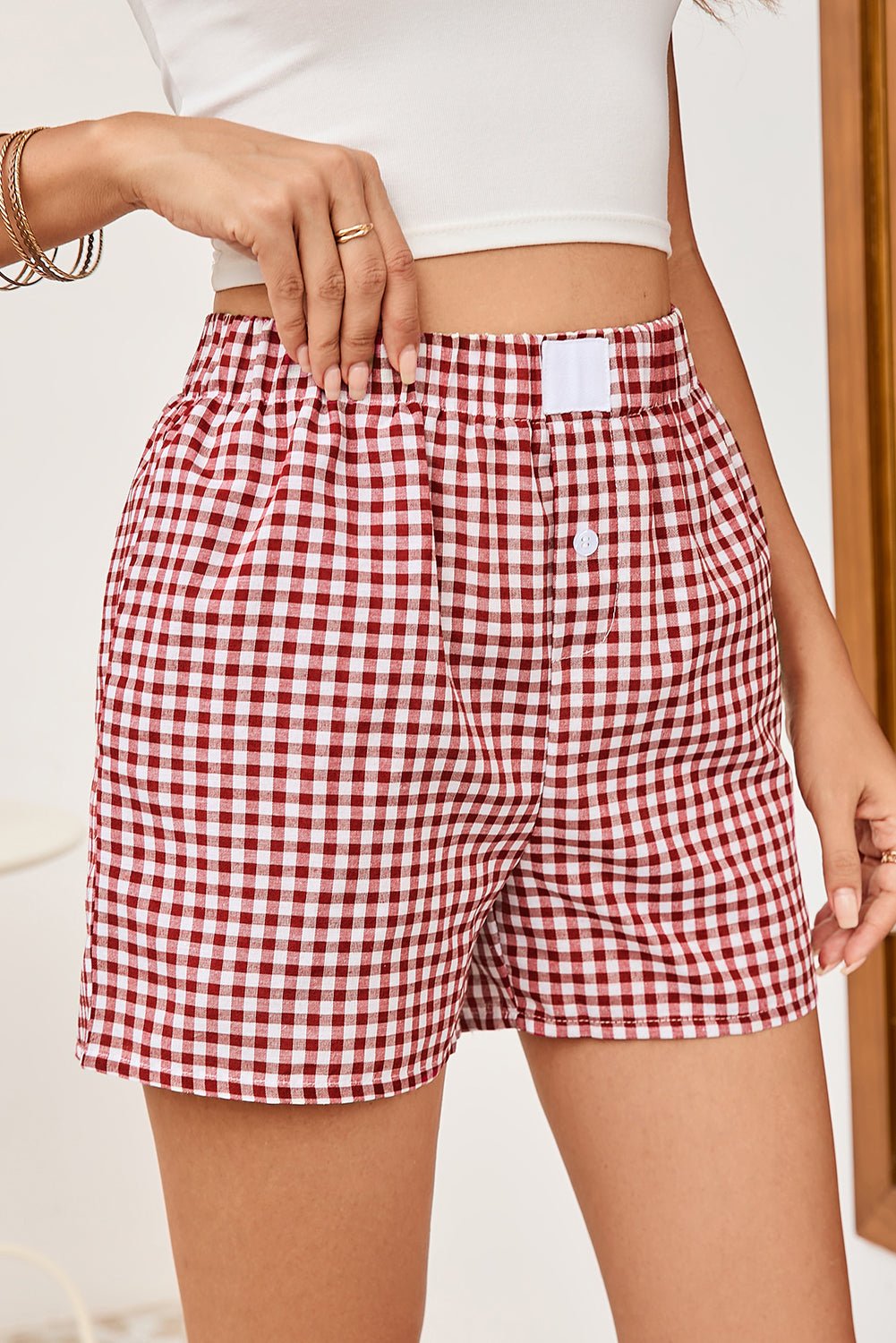 Red Vintage Plaid Print High Waisted Loose Wide Leg Shorts - Kenner House Emporium