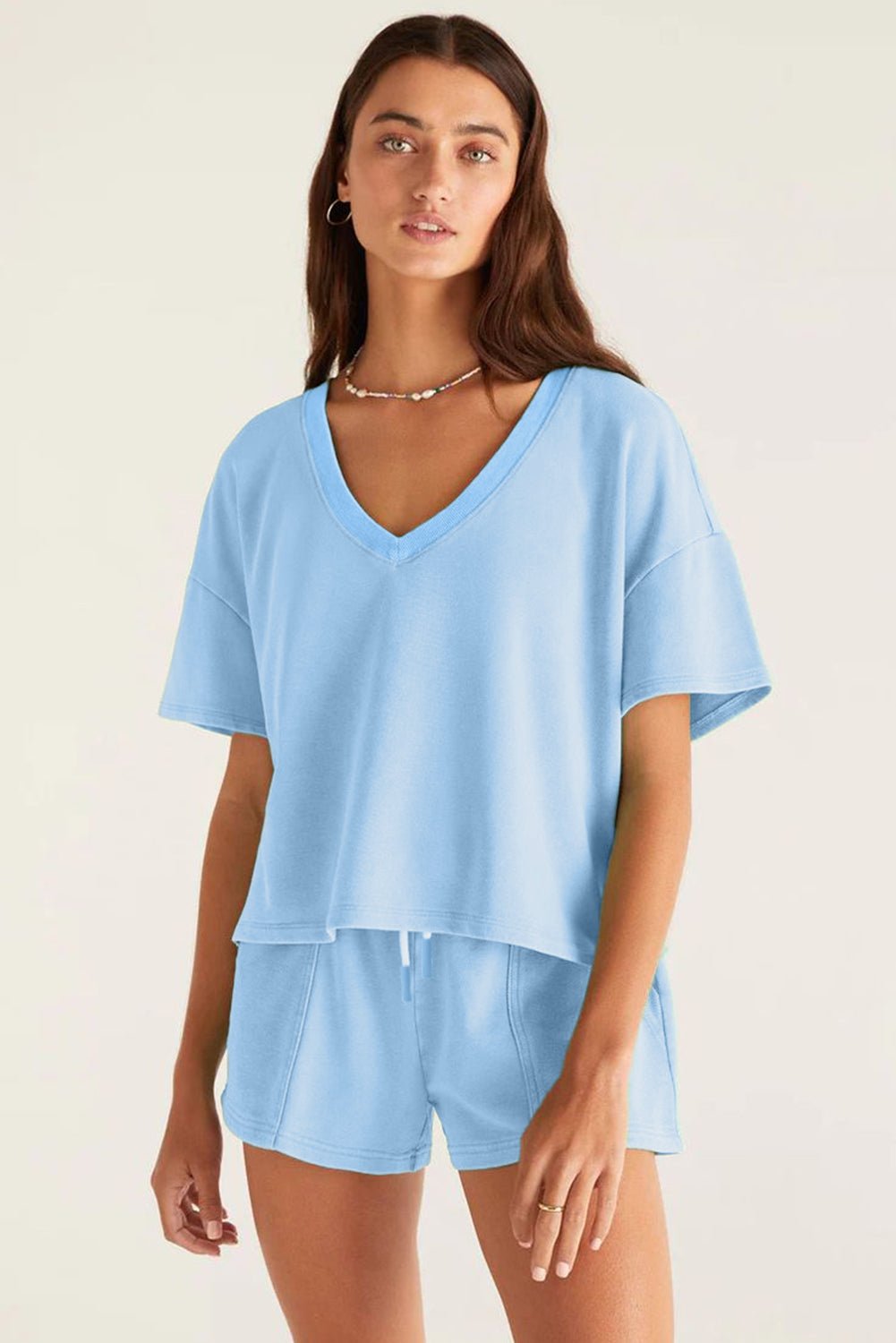 Myosotis V Neck Drop Shoulder Tee and Patchwork Shorts Set - Kenner House Emporium