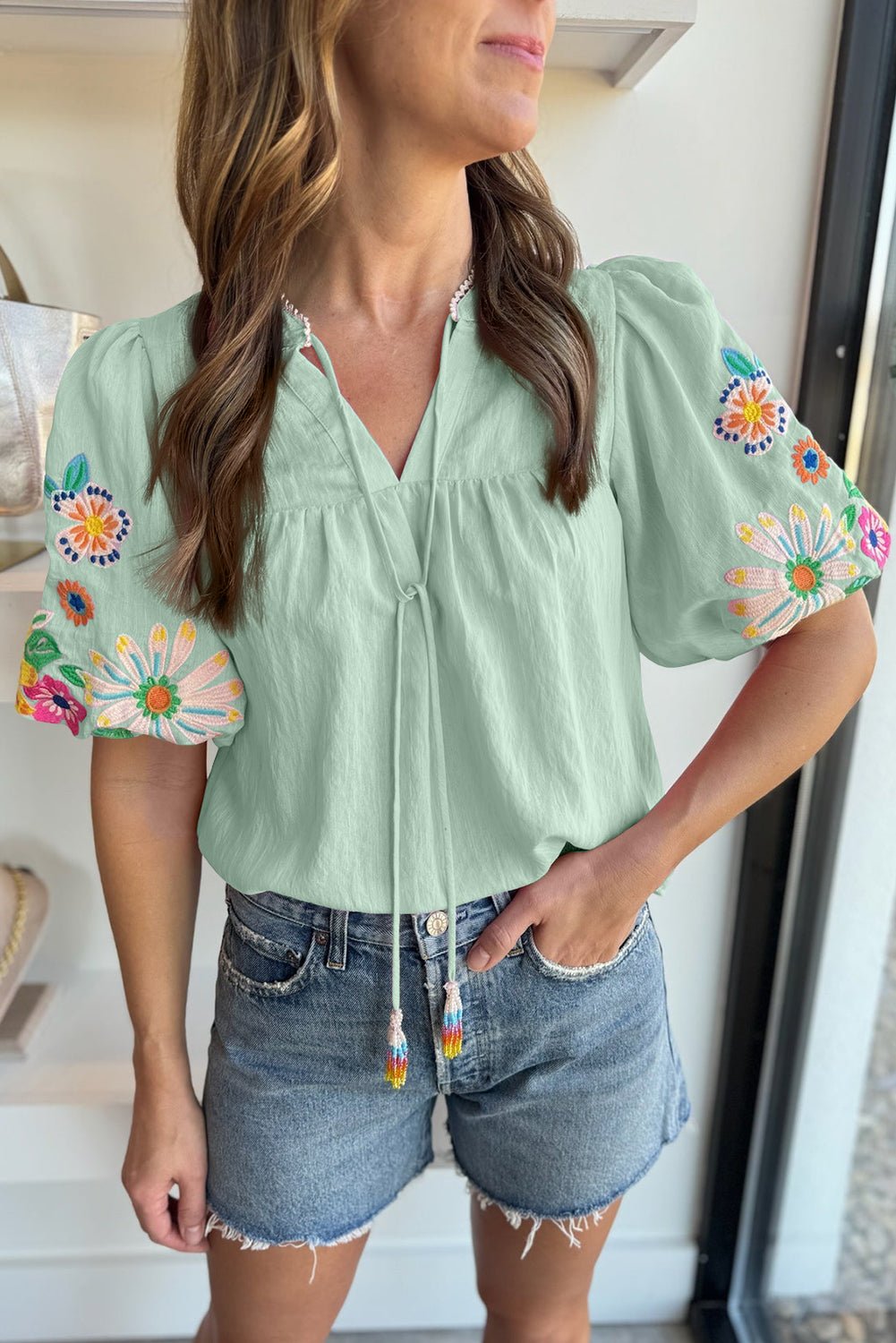 Clearly Aqua Floral Embroidered Puff Sleeve Split Neck Blouse - Kenner House Emporium