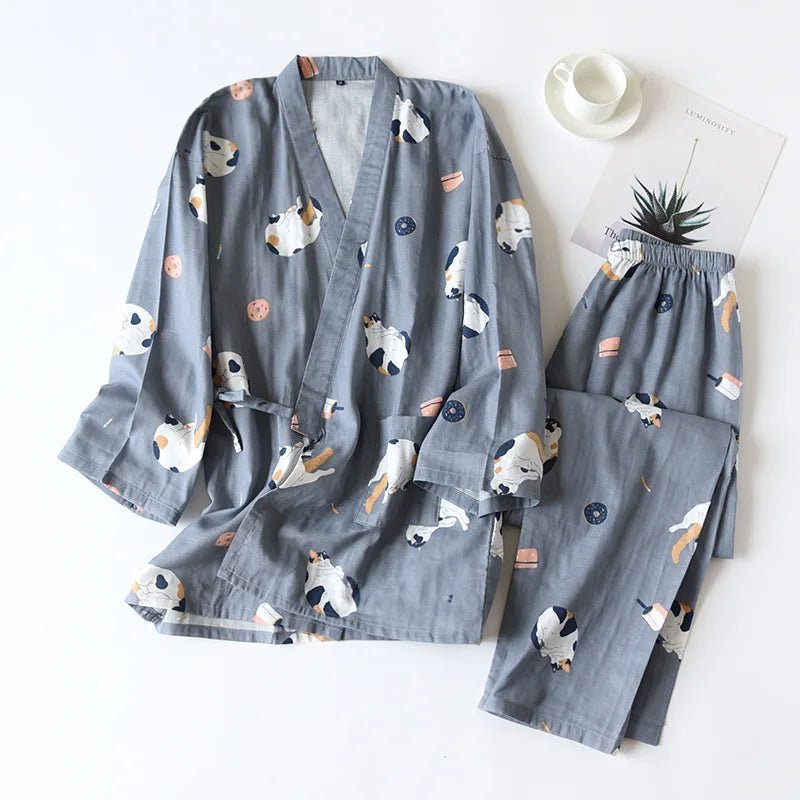 2023 Japanese - style kimono pajamas set seven - sleeve female spring and autumn 100% cotton gauze home clothes cute sweet 2 - piece - Kenner House Emporium
