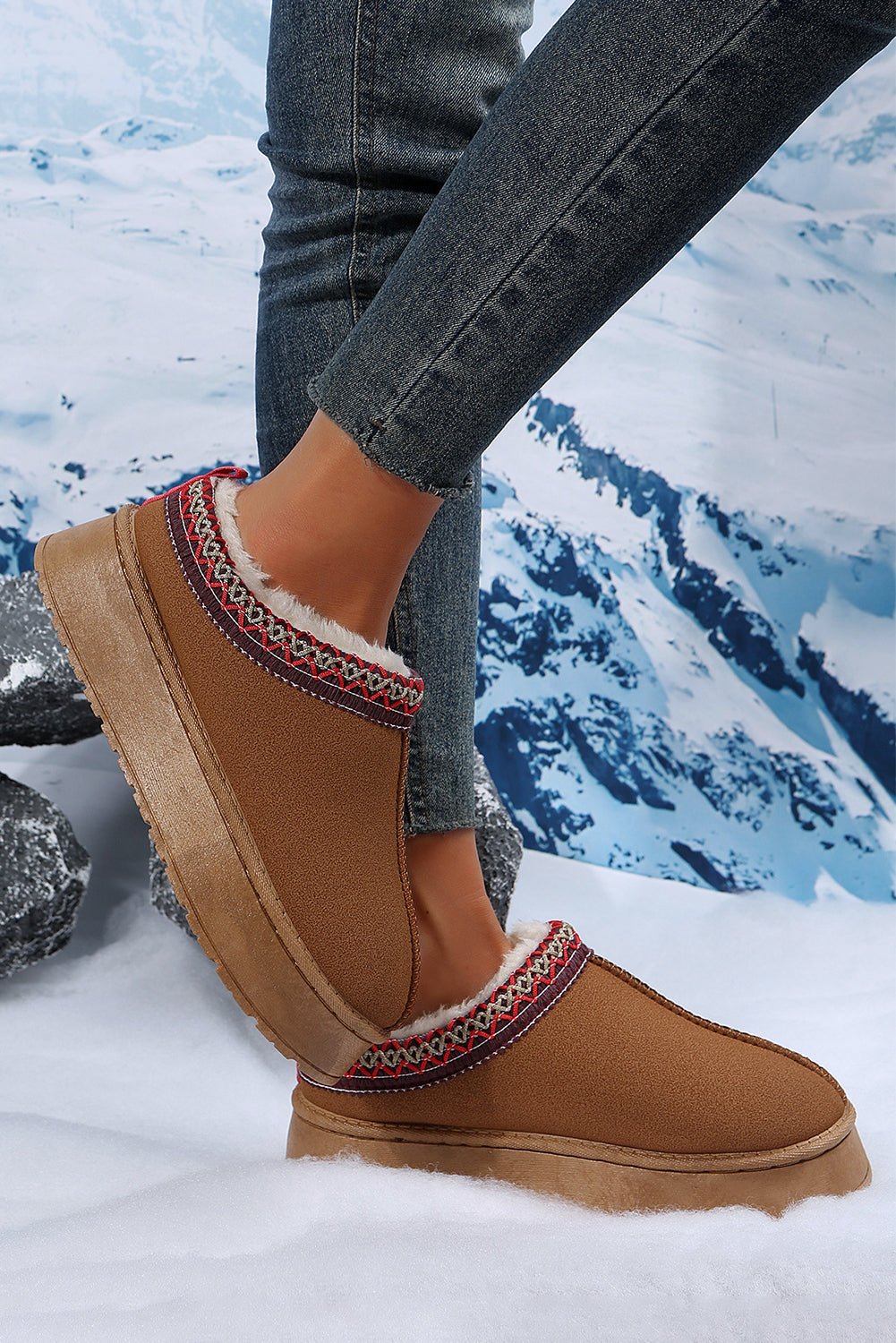 Chestnut Suede Contrast Print Round Toe Plush Lined Flats - Kenner House Emporium