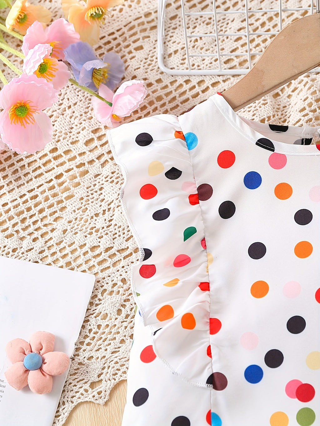 2pcs Dreamy Polka Dot Print Sleeveless Top + Shorts Set with Ruffle Trim and Bow Belt for Girls Summer Outfits - Kenner House Emporium
