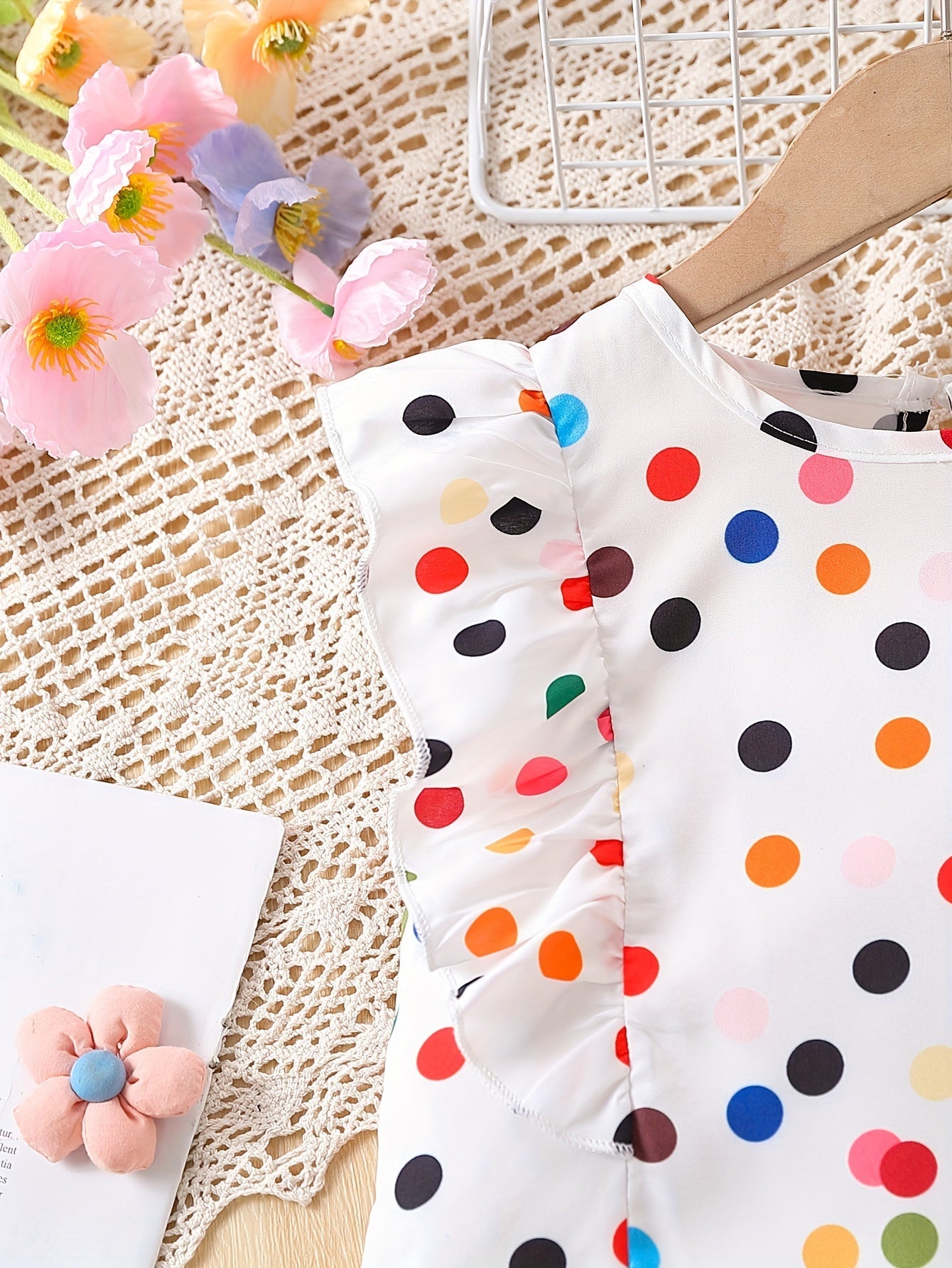 2pcs Dreamy Polka Dot Print Sleeveless Top + Shorts Set with Ruffle Trim and Bow Belt for Girls Summer Outfits - Kenner House Emporium