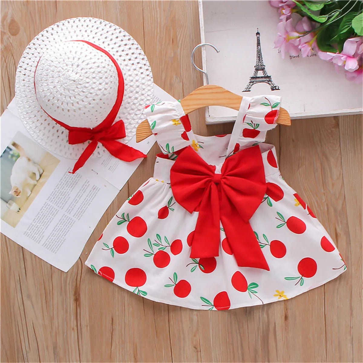 2Pcs/SetSummer girls dress children's clothing new small suspender bow orange print vest skirt with hat as a gift - Kenner House Emporium