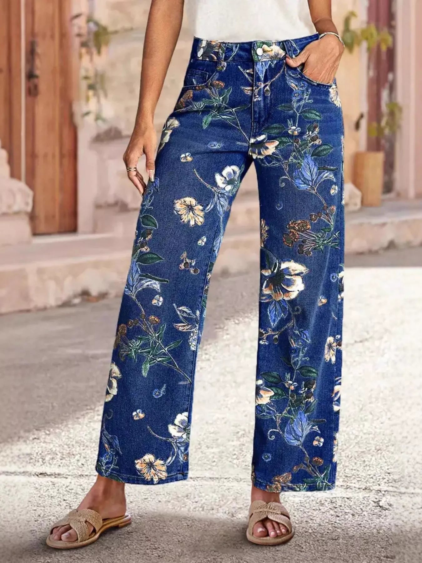 Floral Print Wide Leg Jeans - Kenner House Emporium